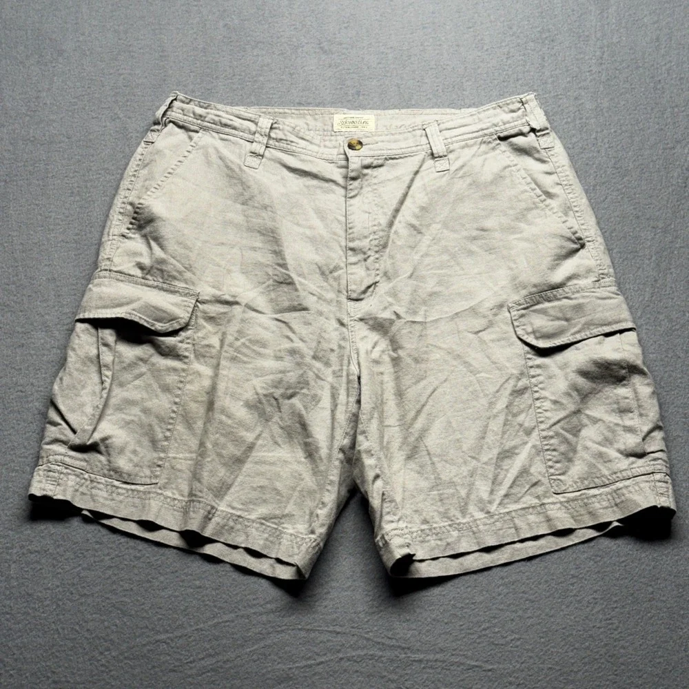 St John's Bay Mens Cargo Shorts Size 38 Beige Ramie Cotton Blend Utility Pocket